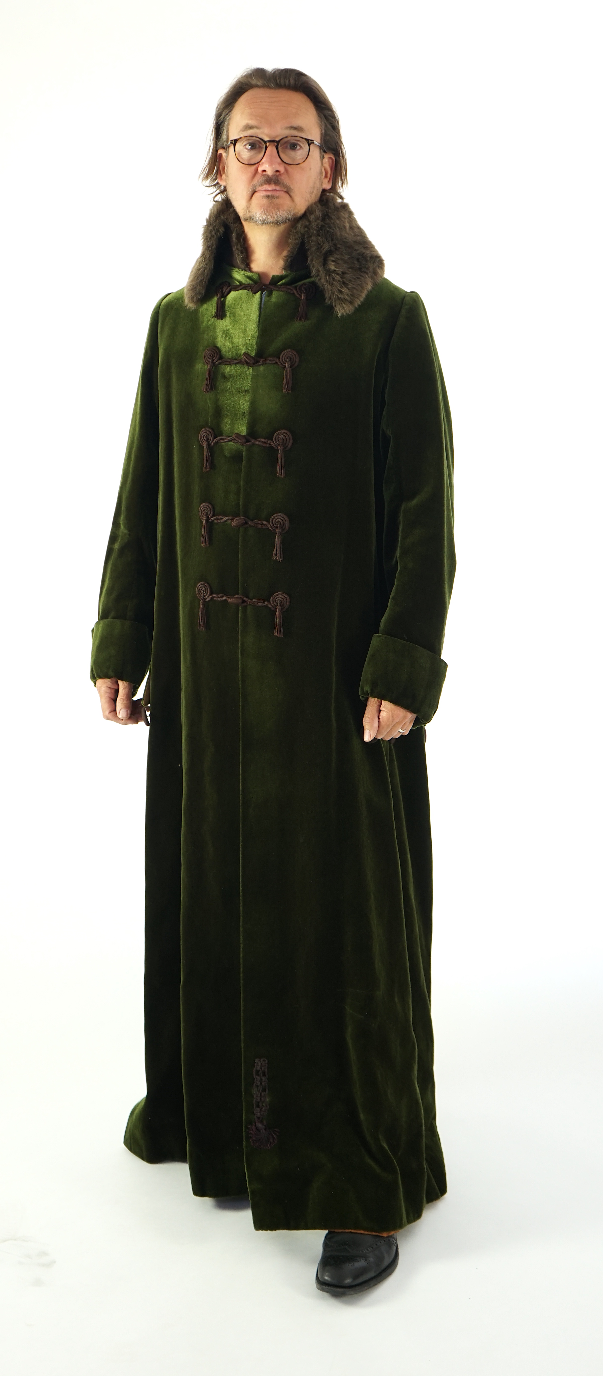 A gentleman's Regency style overcoat - bottle green with brown trim and fur (fake) collar. Ex Carl Rosa Opera Company 'Don Giovanni' and 'The Merry Widow'